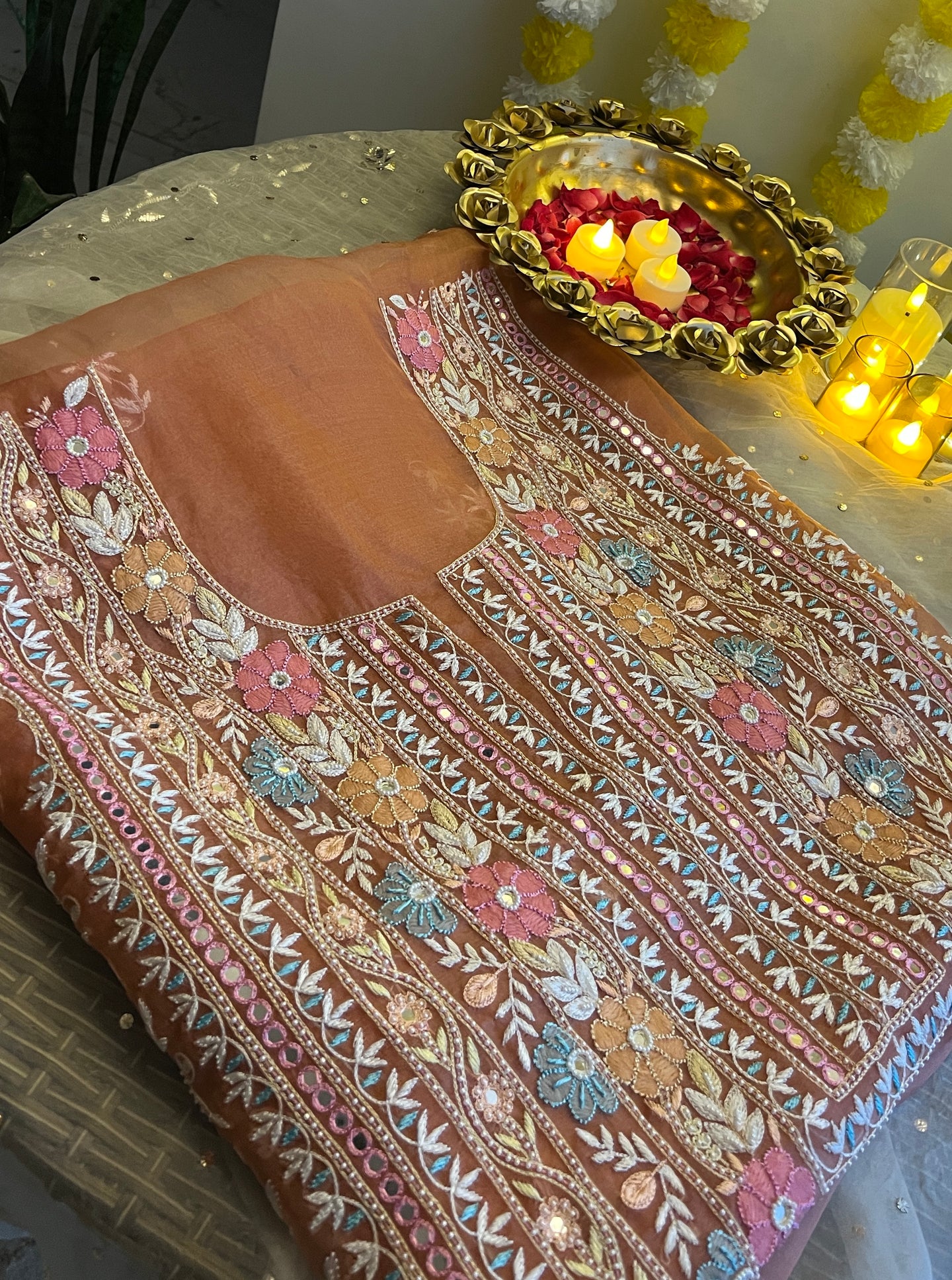 Ruhani Rusty Rose fine Chikankari pure Organza kurta with dupatta